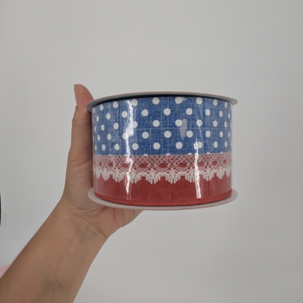 Red Blue White Dots Lace Linen Party Decorations Ribbon 2.5" Wired 4th July 🎆